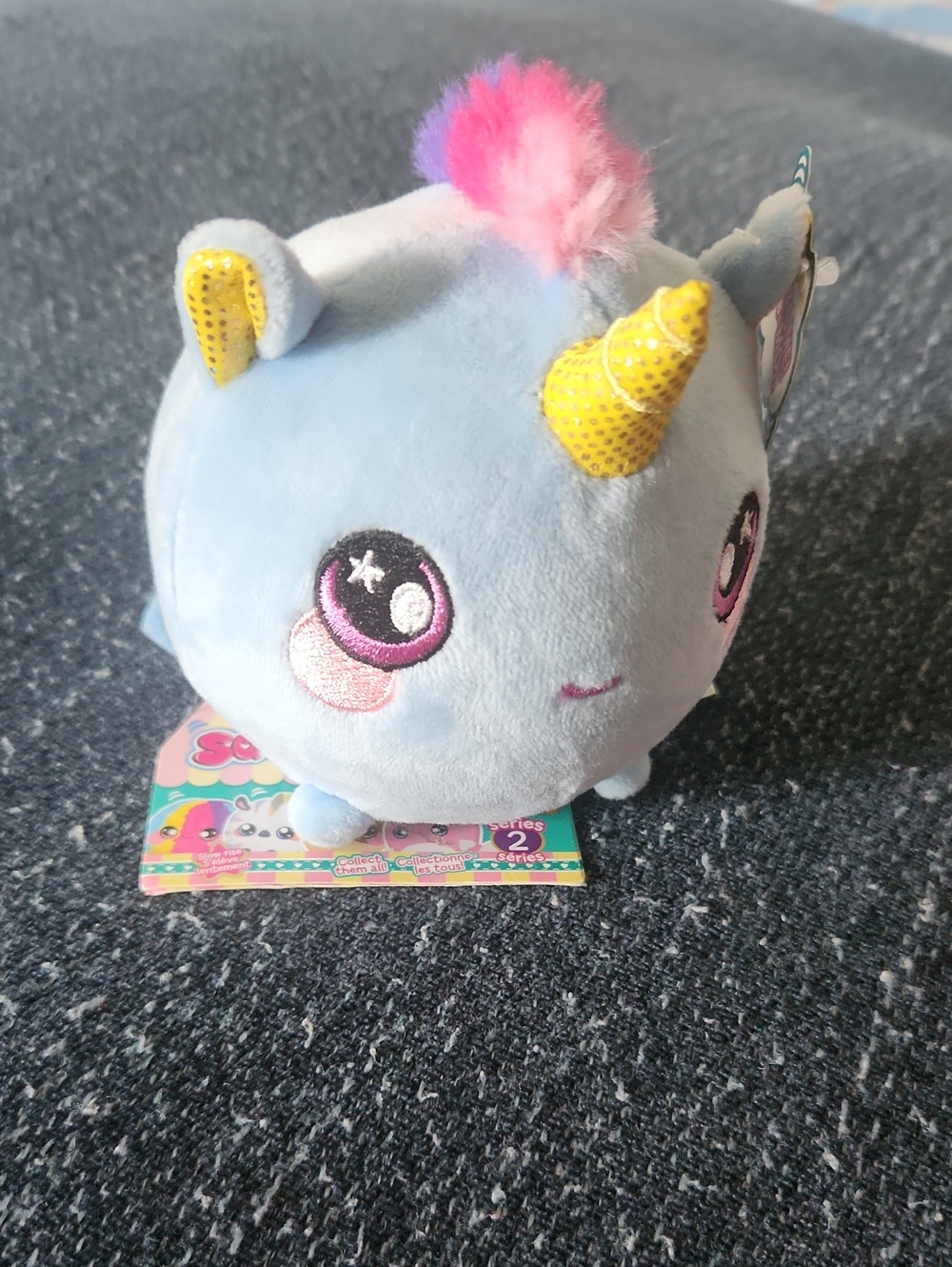 NWT Soft Blue Unicorn Plush Toy with Pink & Purple Mane and Yellow Horn